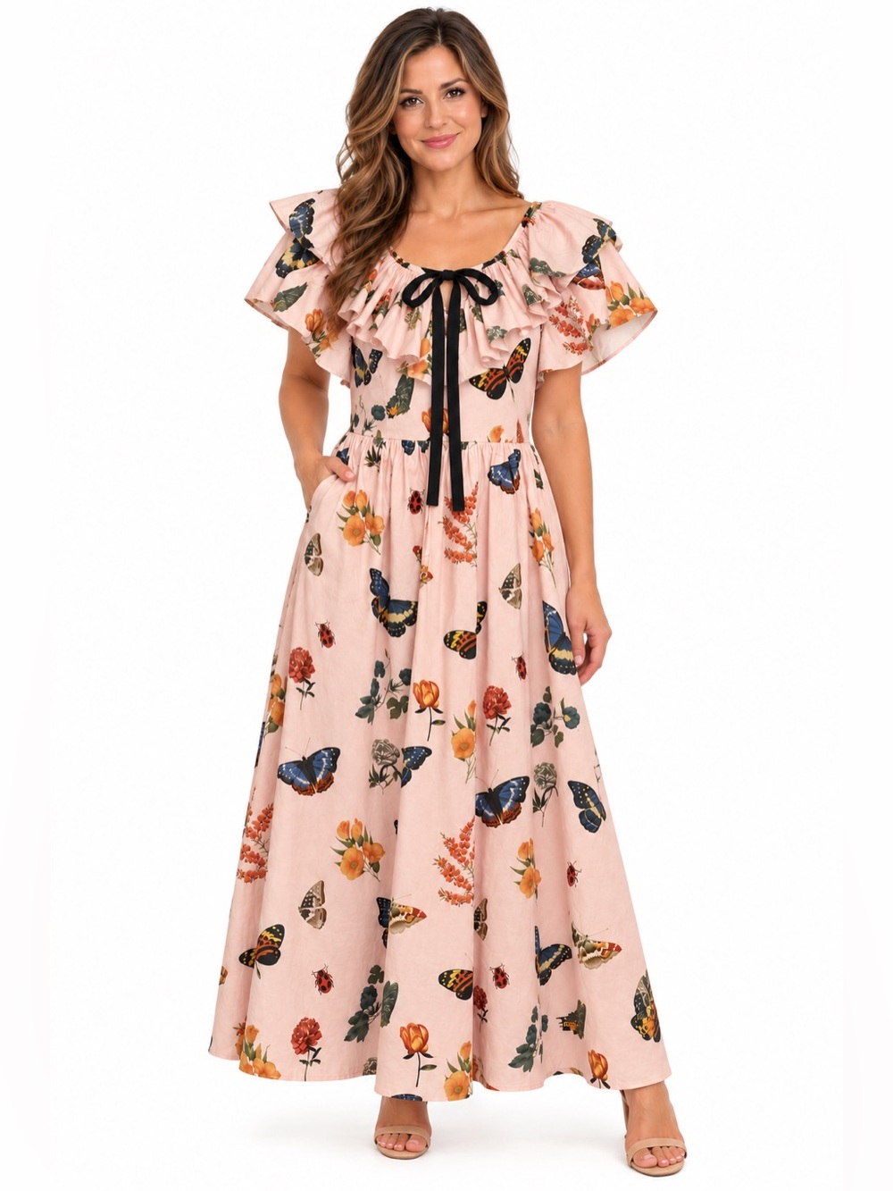 Antonio Melani x Jennifer Sumko Pink Butterfly Floral Ruffle Maxi Dress Size 12